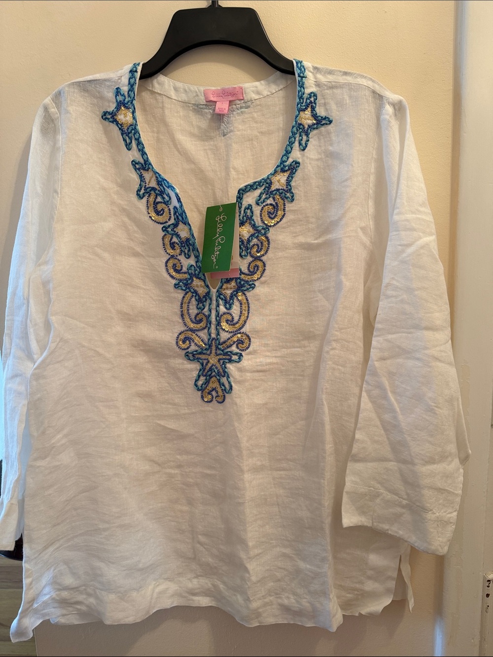 NWT Lilly Pulitzer White Linen Tunic with Blue and gold Embroidered V-Neck L